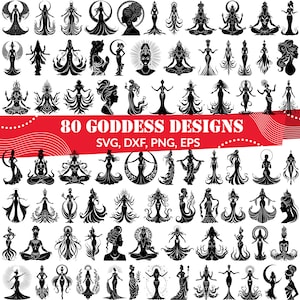 Puede incluir: Una colección de 80 diseños de siluetas en blanco y negro de diosas en varias poses. Los diseños son perfectos para manualidades, scrapbooking y otros proyectos creativos. El texto "80 GODDESS DESIGNS" se muestra en rojo en la parte superior de la imagen. El texto "SVG, DXF, PNG, EPS" se muestra debajo del título.