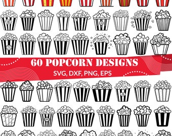 Paquete de imágenes SVG de palomitas de maíz / 60 diseños de imágenes prediseñadas para noche de cine / Archivo de corte para cubo de palomitas de maíz para Cricut