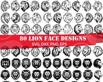 80 Lion Face Designs SVG Bundle | Roaring Lion Head Clipart | Wild Animal | Jungle King Cut Files for Cricut & Sublimation