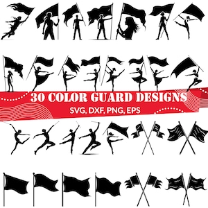 Könnte beinhalten: 30 Schwarzweiß-Silhouetten von Farbwachtleuten, die Flaggen und Gewehre halten. Der Text "30 COLOR GUARD DESIGNS" und "SVG, DXF, PNG, EPS" befindet sich am unteren Rand des Bildes.