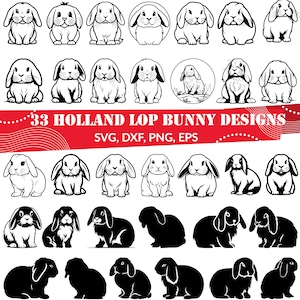 Könnte beinhalten: 33 Schwarzweiß-Designs von Holländischen Widderkaninchen in verschiedenen Posen, darunter sitzend, stehend und liegend. Die Designs sind perfekt für Bastelprojekte wie Vinyl-Aufkleber, T-Shirt-Designs und mehr.