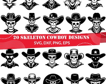 Skelett-Cowboy-SVG-Bundle | 20 Totenkopf-Western-Designs | Gothic-Schnittdatei für Cricut