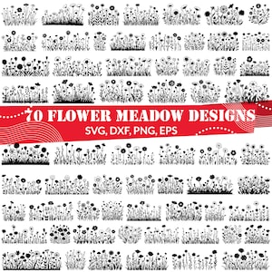 Puede incluir: 70 diseños de pradera de flores en blanco y negro. Los diseños están en una fila y presentan diferentes tipos de flores y hierbas. SVG, DXF, PNG, EPS.