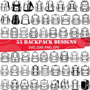 Può includere: Una collezione di 55 design di zaini in bianco e nero, disposti in una griglia. I design variano in stile, inclusi zaini classici, moderni e funzionali. Il testo recita "55 BACKPACK DESIGNS SVG, DXF, PNG, EPS".