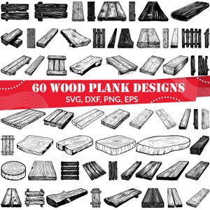 Op de afbeelding: Een zwart-wit illustratie met 60 houten plankontwerpen. De afbeelding toont verschillende houten planken, planken en dwarsdoorsneden. De tekst luidt "60 WOOD PLANK DESIGNS" met bestandstype-opties.