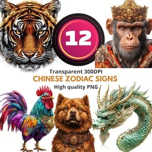 Può includere: Arte digitale con i segni dello zodiaco cinese. L'immagine include una tigre, una scimmia, un gallo, un cane e un drago. Il testo recita "Transparent 300DPI CHINESE ZODIAC SIGNS High quality PNG" e un cerchio con il numero 12.