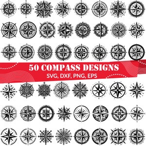 Op de afbeelding: Een set van 50 zwart-witte kompasontwerpen. De ontwerpen zijn cirkelvormig en hebben een ster in het midden met pijlen die naar de windstreken wijzen. De tekst "50 COMPASS DESIGNS" is in rood en witte letters. De tekst "SVG, DXF, PNG, EPS" is in zwarte letters.
