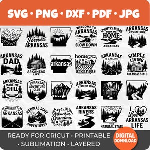 Puede incluir: Una colección de diseños digitales en blanco y negro en formatos SVG, PNG, DXF, PDF y JPG, con gráficos temáticos de Arkansas. Los diseños incluyen textos como "Arkansas Adventure", "Natural State Adventures" y "I Love Arkansas Life".