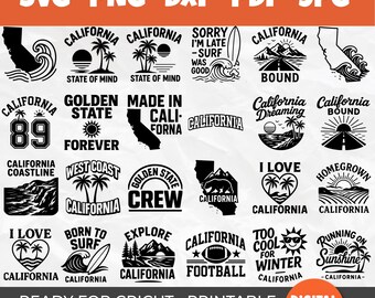 50 California SVG Bundle | The Golden State Quote Designs | West Coast Living, Cali Vibes Only, Born to Surf
