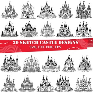 Può includere: Venti disegni di schizzi di castelli in bianco e nero. I disegni sono in uno stile semplice e minimalista e presentano varie forme e dettagli di castelli. Il testo "20 SKETCH CASTLE DESIGNS" e "SVG, DXF, PNG, EPS" è nella parte superiore dell'immagine.