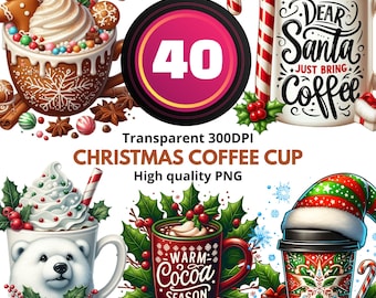 40 Christmas Coffee Cup PNG Bundle – Holiday Mug Clipart, Hot Cocoa Designs, Festive Drink PNGs, Transparent Background 300 DPI
