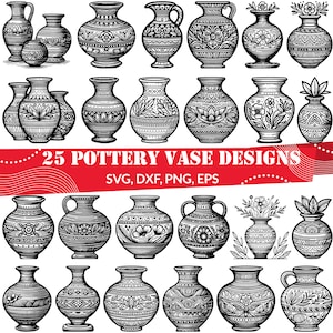 以下が含まれることがあります： 25種類の白黒の陶器の花瓶のデザインコレクション。花瓶は形や大きさが異なり、複雑な花柄や幾何学模様が施されています。取っ手が付いている花瓶もあれば、葉や花で飾られているものもあります。「25 POTTERY VASE DESIGNS」の文字が表示されています。