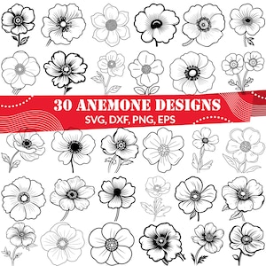 30 Anemonenblumen SVG Bundle | Handgezeichnete Blumen Clipart | Strichzeichnungen | Wildblumen Silhouette für Cricut & Sublimation