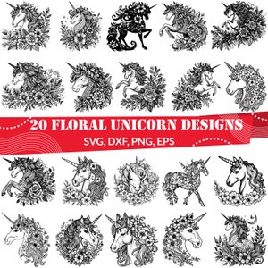 May include: A collection of 20 floral unicorn designs in black and white. Each design features a unicorn with a flowing mane and a horn, surrounded by flowers and foliage. The text "20 FLORAL UNICORN DESIGNS" is displayed in red.