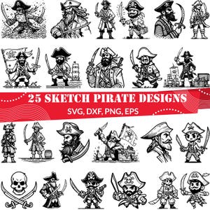 Pirate SVG Bundle | 25 Pirate Sketch Designs | Pirate Clipart for Cricut, Sublimation, Shirts & Party Decor