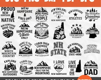 New Hampshire SVG Bundle, NH State Map Silhouette, White Mountains Clipart, Granite State Athletics, Hiking Vector, Cricut & Laser Cut