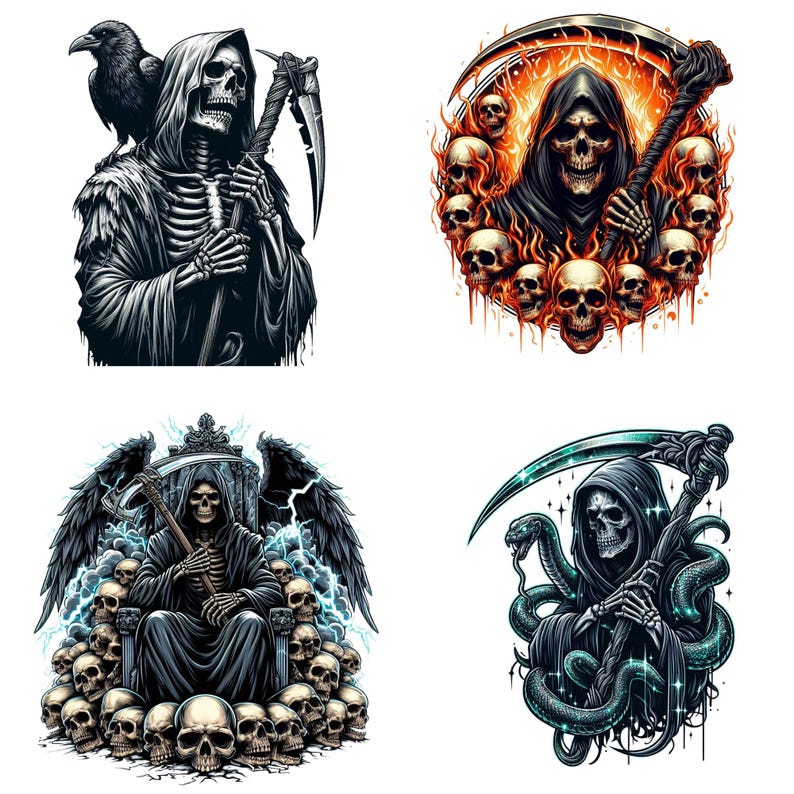 May include: Four illustrations of the Grim Reaper. One shows the Reaper with a raven on its shoulder. Another depicts the Reaper surrounded by flames and skulls. A third shows the Reaper on a throne of skulls. The last shows the Reaper with a snake.