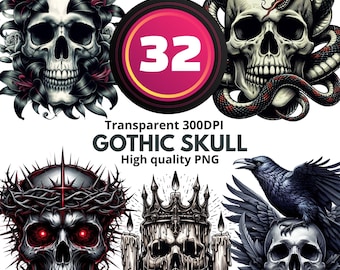 May include: A collection of gothic skull illustrations. The skulls are decorated with flowers, snakes, crowns, and a raven. The image includes the text "Transparent 300DPI GOTHIC SKULL High quality PNG" and a pink circle with the number 32.