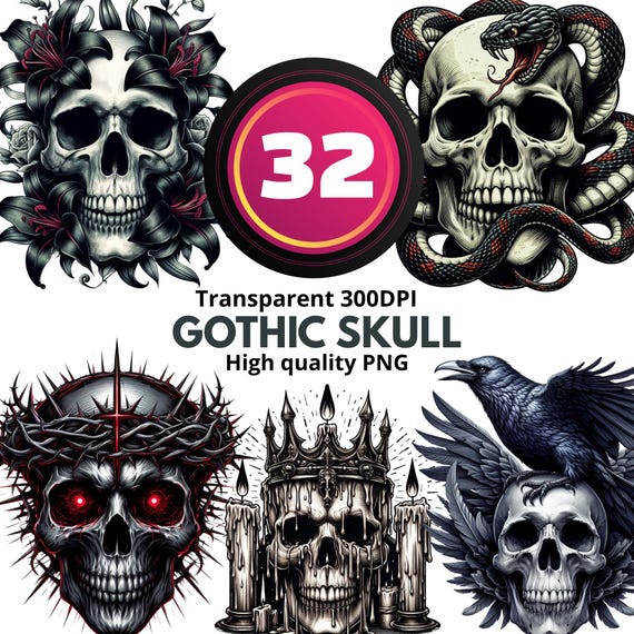 32 Gothic Skull PNG Bundle, Dark Fantasy Skull Clipart, Crow and Snake Skull Graphics, Floral Skeleton Art, High Quality Sublimation Designs