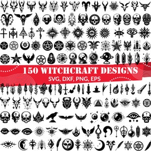 Może przedstawiać: Kolekcja 150 czarno-białych wzorów czarownic, w tym symbole, zwierzęta i inne mistyczne elementy. Wzory idealnie nadają się do rękodzieła, scrapbookingu i innych kreatywnych projektów. Tekst "150 WITCHCRAFT DESIGNS" i "SVG, DXF, PNG, EPS" jest wyświetlany na czerwono.