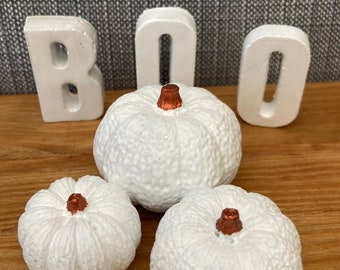 Set of 3 Concrete Pumpkins (white and copper) with white BOO letters