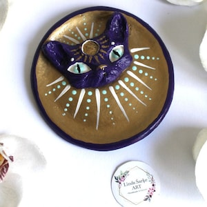 Purple Cat Incense Holder – Handmade Air Dry Clay Incense Burner Dish – Spiritual Home Decor, Gift for Cat Lady, Animal Lover Gift