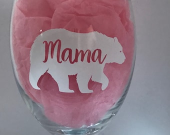 Mama Bear Wine Glass Pink Glitter Stem With White Polar Bear | Mum | Mothers Day  Present Birthday gift