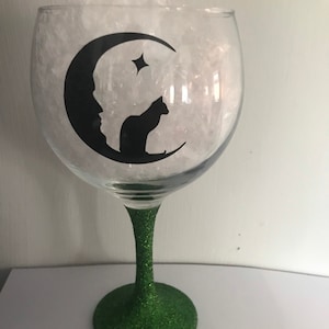 Black Cat On A Moon Silhouette Gin Glass | Personalised | Glitter Stem | Any Name |  Gift | Halloween Birthday Mother’s Day