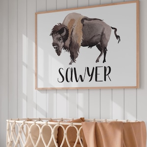 Personalized Neutral Buffalo Bison Nursery Art Print | Custom Boho Decor for Kids | High-Quality Canvas Print | Baby Gift