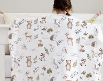 Personalized Woodland Baby Blanket: Minky Watercolor Forest Animals