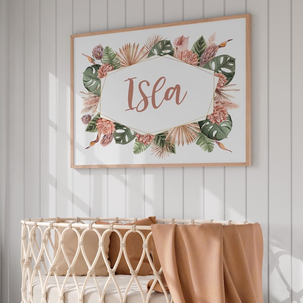 Personalized Tropical Hawaiian Floral Nursery Art | Boho Baby Name Wall Decor