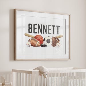 Personalized Watercolor Sports Nursery Art Print | Custom Sports Equipment Decor for Kids | Baby Gift | Nursery Wall Decor