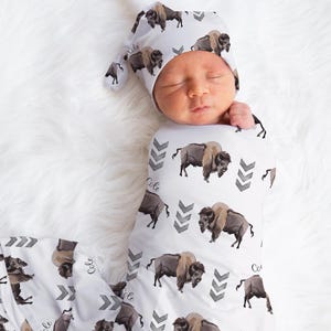 Personalized Bison Baby Swaddle Blanket Set | Boho gift