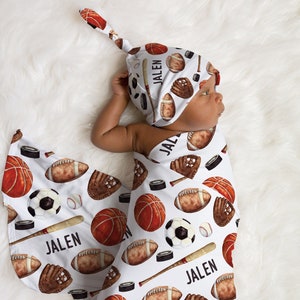 Sports personalized jersey swaddle blanket, baby bedding set, crib sheet, baby blanket | Soccer, baseball, basketball baby bedding