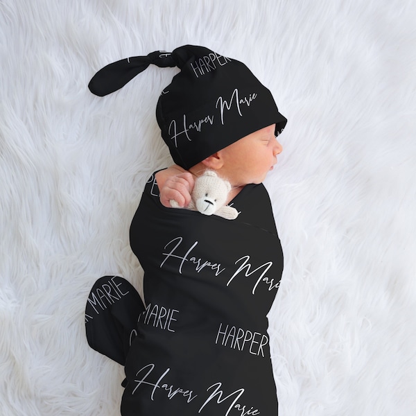Personalized Black nursery swaddle blanket set with name | baby gift | Baby hat & headband | minky blanket | Neutrals Collection