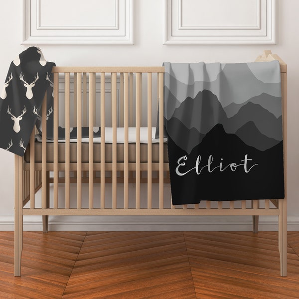 Personalized mountain nursery baby blanket with name in black and grey | baby shower gift | Baby bedding set | Swaddle blanket | crib sheet
