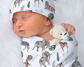 Jungle Safari Animal baby bedding set, jersey crib sheet, buttery minky blanket, jersey swaddle | Personalized baby bedding | Zoo animals