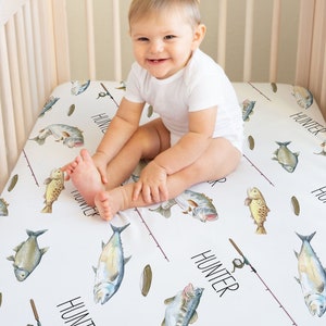 Gone Fishing personalized Crib Sheet,  baby bedding set, minky baby blanket, fish swaddle blanket set | Hunting baby bedding