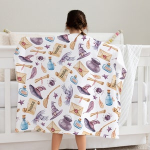 Wizard School personalized minky baby blanket| Sherpa Lined | baby wizard magic owl bedding | Name Blanket for Kids
