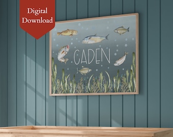 Personalized Fishing Nursery Art Print | Custom Kids Name Decor (Digital Download)