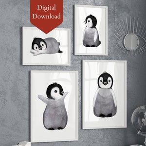 Juego de 5 impresiones imprimibles de pingüinos de acuarela para guardería. Decoración personalizada de pingüino ártico, Polo Norte, para niños. Regalo para bebé. Arte infantil.