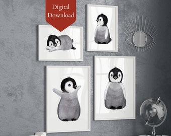 May include: Four printable illustrations of penguins in different poses. The penguins are drawn in a watercolor style with black and white colors. The illustrations are perfect for adding a touch of whimsy to any room.