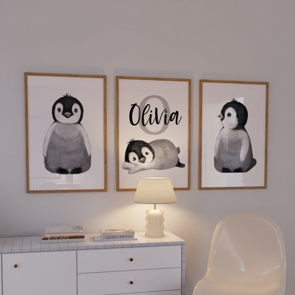 Personalized Watercolor Penguin Nursery Art Print | Custom Arctic Decor for Kids | Baby Gift | Nursery Wall Decor