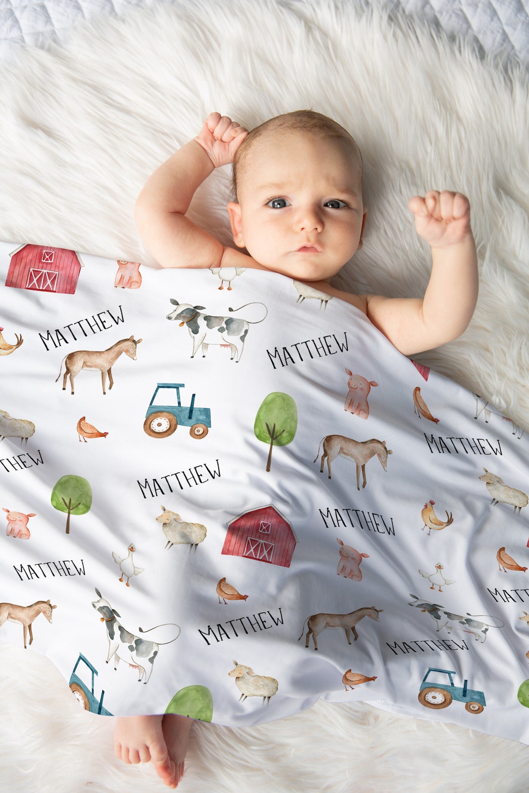 Farm Animal Baby Bedding Set, Jersey Swaddle Blanket, Buttery Minky
