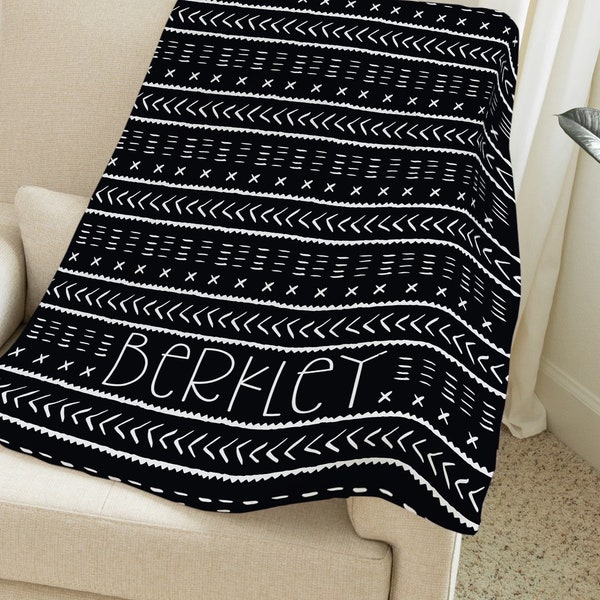 Mudcloth Black & White personalized minky blanket, boho baby bedding set, jersey swaddle blanket, crib sheet | Tribal Design