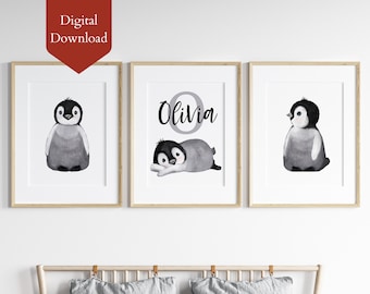 Printable Personalized Watercolor Penguin Nursery Print | Custom Arctic Penguin, North Pole Decor for Kids | Baby Gift | Nursery Art