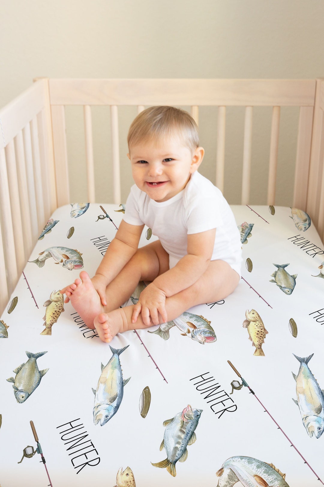 Gone Fishing Personalized Crib Sheet, Baby Bedding Set, Minky Baby