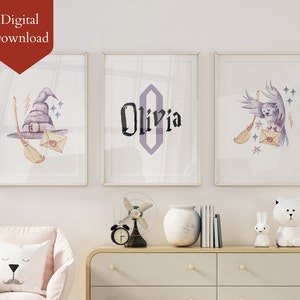 Printable Personalized Wizard School Nursery Art Print | Custom Magic Decor for Kids | Baby Gift | Wizard School Baby Nursery 3 piece Print