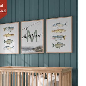 Stampa artistica personalizzata con tema pesca e caccia per la cameretta dei bambini / Decorazione personalizzata con pesci per bambini / Regalo per neonati / Decorazione da parete per la cameretta dei bambini
