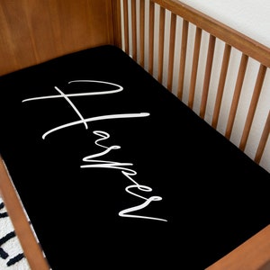 Modern black and white simple name monogram baby crib sheet | Monochrome Nursery | Jersey Crib Sheet
